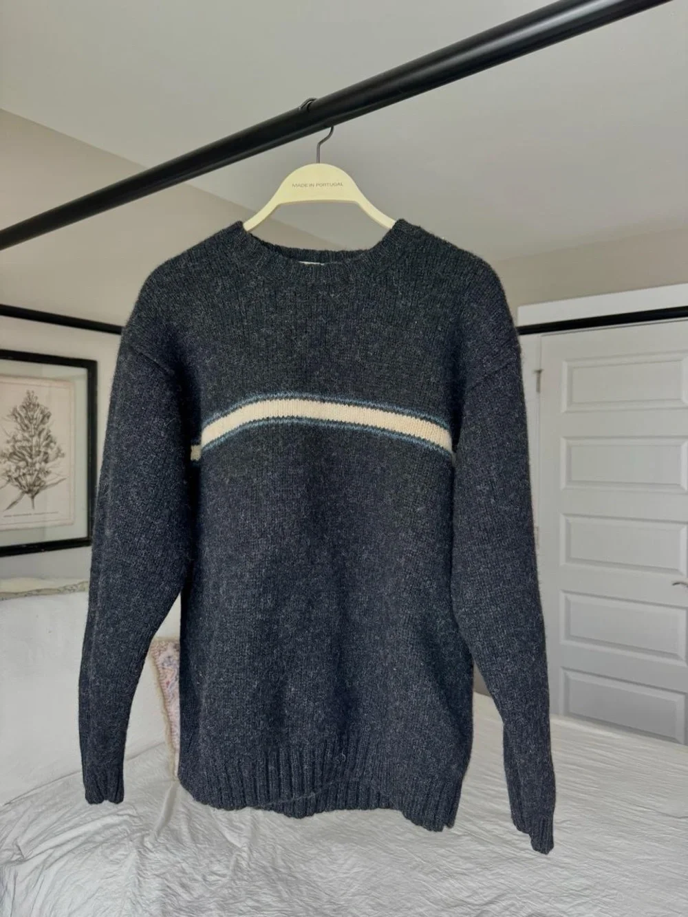 J. Crew Men's Dark Gray Wool Crewneck Sweater with Cream Stripe